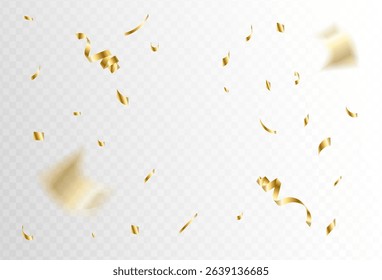 Confetti explosion on transparent background. Pieces of shiny gold paper flying and spreading. rotating ,simple design. Vector illustration
