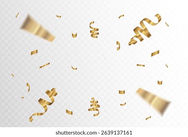 Confetti explosion on transparent background. Pieces of shiny gold paper flying and spreading. rotating.Simple design. vector illustration