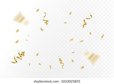 Explosão de confete no plano de fundo transparente. Pedaços de papel dourado brilhante voando e espalhando. cor suave. girando . Eps 10
