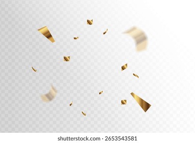 Explosão de confete no plano de fundo transparente. Pedaços de papel dourado brilhante voando e espalhando. girando, design simples. design simples.