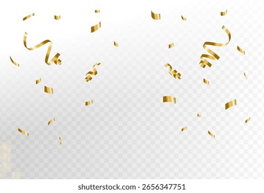 Explosão de confete no plano de fundo transparente. Peças de papel dourado brilhante voando e espalhando. pequenas e grandes fitas. curvas