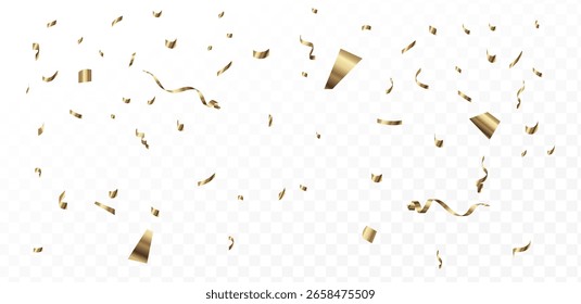 Confetti explosion on transparent background. Shiny golden paper pieces flying and spreading. small and big ribbons
