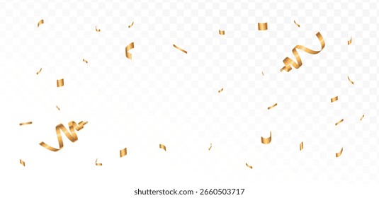 Confetti explosion on transparent background. Shiny golden paper pieces flying and spreading. small and big ribbons. vector