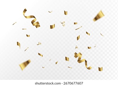 Confetti explosion on transparent background. Pieces of shiny gold paper flying and spreading. rotating ,colorful gold,modern confetti ,vector eps 10
