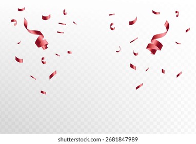 Confetti explosion on a transparent background. Shiny shiny red paper pieces fly and spread around. vector illustration	