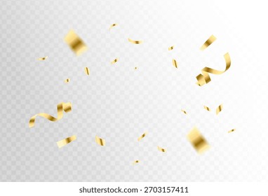 Confetti explosion on transparent background. Pieces of shiny gold paper flying and spreading. rotating ,colorful gold,modern ,simple design eps 10