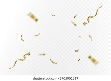 Confetti explosion on a transparent background. Shiny shiny golden paper pieces fly and spread around simple design. vector illustration