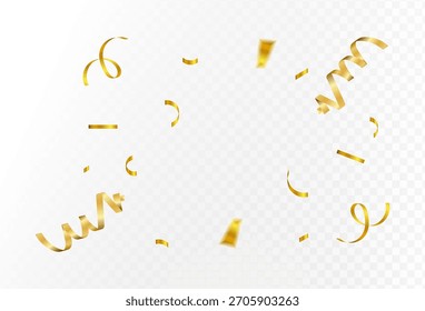 Explosión de confeti sobre fondo transparente. Brillantes piezas de papel dorado volando y extendiéndose. Pequeñas y grandes cintas. Vector eps 10