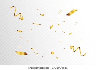 Explosión de confeti sobre fondo transparente. Piezas de papel dorado brillante volando y extendiéndose. giratorio, diseño simple. Vector eps 10