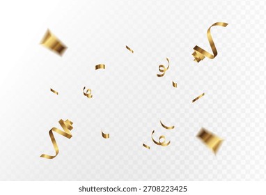 Explosão de confete no plano de fundo transparente. Peças de papel dourado brilhante voando e espalhando. pequenas e grandes fitas. vetor
