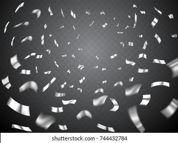 Confetti explosion on transparent background. White, gray metal realistic scattered confetti. Many falling tiny confetti pieces. Celebration background with confetti