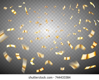 Confetti explosion on transparent background. Gold metal realistic scattered confetti. Many falling tiny confetti pieces. Celebration background with confetti