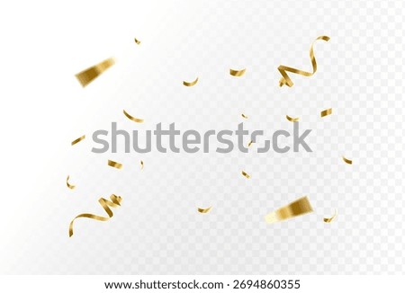 Confetti explosion on transparent background. Shiny golden paper pieces flying and spreading. small and big ribbons.eps 10