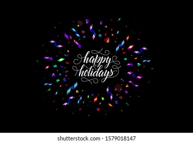 Confetti explosion, party serpentine background. Vector Happy holidays bright festive design. Confetti burst isolated on a black background. Perfect for horizontal holiday banner, poster, invitation.