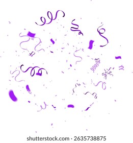 Explosão de Confete Roxo no plano de fundo transparente. Pedaços de papel dourado brilhante voando e espalhando. girando, vetor, eps