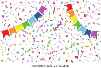 Confetti falling background. Birthday, weeding anniversary, Party, event, festive firework. Multicolored Carnival confetti on white background.