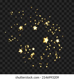 Confetti Falling For Celebrate Holiday Vector. Surprise Party Confetti Falling Decoration, Multicolored Foil In Star Shape And Golden Ribbon Exploding. Template Realistic 3d Illustration