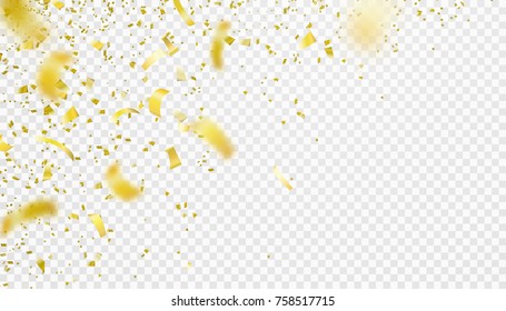 Confetti falling motion background. Shiny gold flying tinsel for party, anniversary, birthday, carnival decoration design. Blurred tiny paper pieces. Vector illustration on transparent backdrop