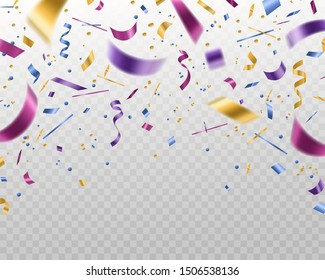 Confetti. Falling multicolored foil and paper ribbons, isolated vector template for festive christmas background and xmas greeting festival colorful streamers card