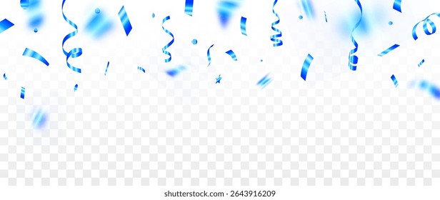 Confetti falling on background. Festive blue confetti and ribbons on transparent background for celebrations, Carnival confetti isolated