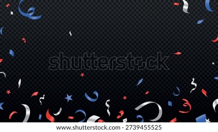 Confetti falling on dark transparent background. Design for USA 250 Years Anniversary, Independence day of America, 4th of July.
