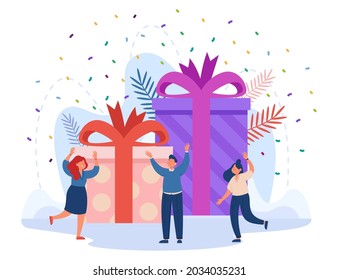 Confetti falling on happy winner in front of giant gift boxes. Loyalty bonus or special reward for good job, birthday present flat vector illustration. Celebration concept for banner, website design