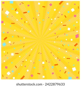 Confetti falling on sunburst background