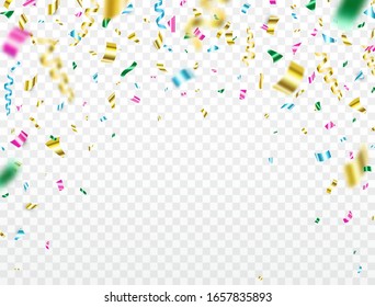 Confetti falling on transparent background. Shiny color confetti. Bright colorful festive tinsel. Party backdrop. Holiday design elements for web banner, poster, flyer, invitation. Vector illustration