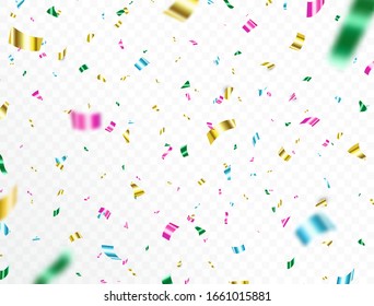 Confetti falling on transparent background. Bright colorful festive tinsel. Party backdrop. Shiny color confetti. Holiday design elements for web banner, poster, flyer, invitation. Vector illustration