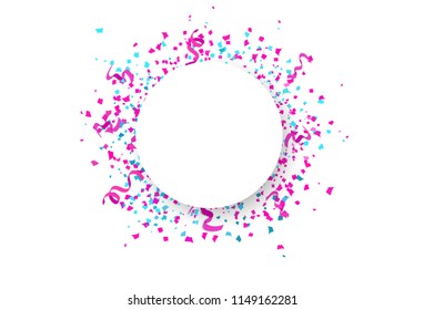 Confetti falling, paper and ribbons scatter explosion, circular frame banner celebration event party on white abstract background vector illustration, pink and blue concept
