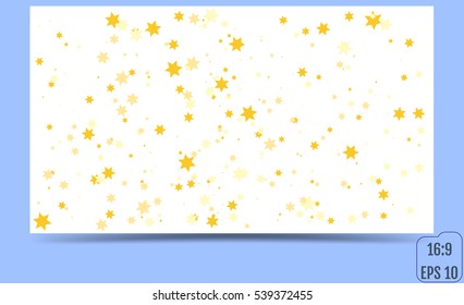 Confetti Falling Print. Gold star Background. Vector Star Background Pattern. Night of Star Confetti.  Golden confetti Card. Star Fall Decor. Modern Creative confetti Pattern. Format 16:9 