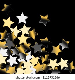 Confetti of falling rotating platinum chrome stars. Luminous vector illustration with gradient mesh. Spray of holographic celestial elements on black background. Flyers, posters, invitation cards