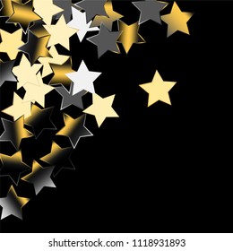 Confetti of falling rotating platinum chrome stars. Luminous vector illustration with gradient mesh. Spray of holographic celestial elements on black background. Flyers, posters, invitation cards