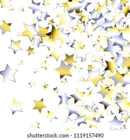 Confetti of falling rotating small stars. Luminous vector illustration with yellow blue grey white gradient mesh. Spray of holographic celestial elements on white. Flyers, posters, invitation cards