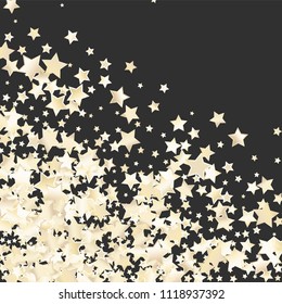 Confetti of falling rotating stars. Luminous vector illustration with gradient mesh. Spray of holographic nacre pearl colored celestial elements on asphalt gray backdrop. Posters, invitation cards