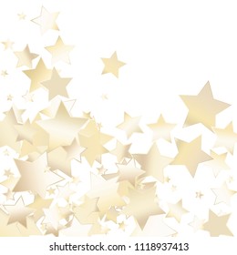 Confetti of falling rotating stars. Luminous vector illustration with gradient mesh. Spray of holographic nacre pearl colored celestial elements on white. Flyers, posters, invitation cards