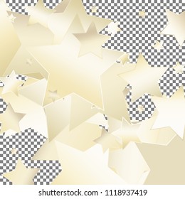 Confetti of falling rotating stars. Luminous vector illustration with gradient mesh. Spray of holographic nacre pearl colored celestial elements on squared backdrop. Flyers, posters, invitation cards
