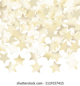 Confetti of falling rotating stars. Luminous vector illustration with gradient mesh. Spray of holographic nacre pearl colored celestial elements on white. Flyers, posters, invitation cards