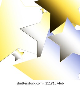 Confetti of falling stars. Luminous vector illustration with yellow blue grey white gradient mesh. Spray of holographic celestial elements on white. Flyers, posters, invitation cards. 