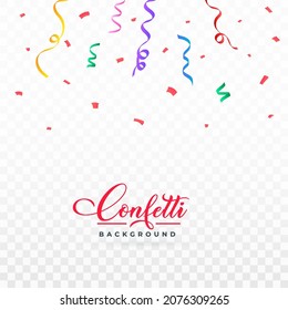 Confetti falling vector for the birthday background. Colorful party ribbon and confetti design. Multicolor confetti falling isolated on transparent background. Carnival element. Birthday celebration.