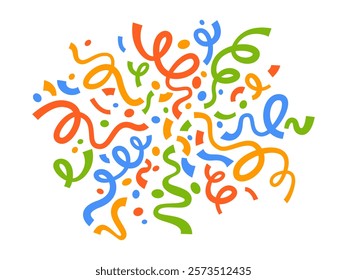 Confetti and Festive Ribbons falling. Holiday Firework. Party. Celebration Carnival. Firecracker. Falling colorful confetti isolated on white background