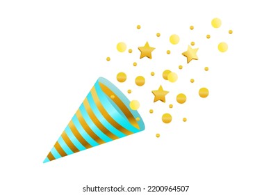 Confetti, firecracker, carnival and paper. Blue, gold colors. Vector illustration on a white background. Cartoon style.