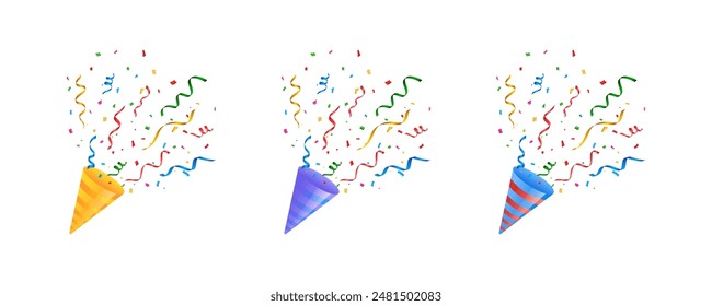 Confetti firecracker multicolor illustration. Holiday petard cracker set.