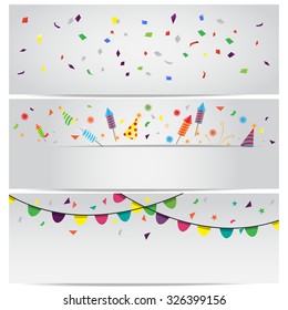 confetti and firework background, can be ues for celebration, new year, birthday, christmas greeting card.  also design for web page, business banner, cover page. vector illustration