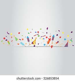 confetti and firework background, can be ues for celebration, new year, birthday, christmas greeting card.  also design for web page, business banner, cover page. vector illustration