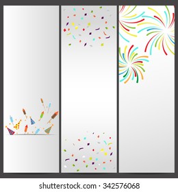 confetti and firework background, can be use for celebration, new year, birthday, christmas greeting card.  also design for web page, business banner, cover page. vector illustration