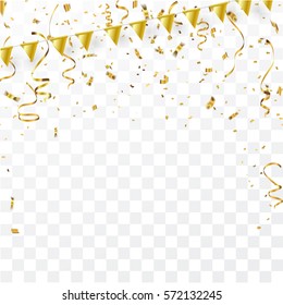 Confetti and flag gold ribbons, Celebration background template with.