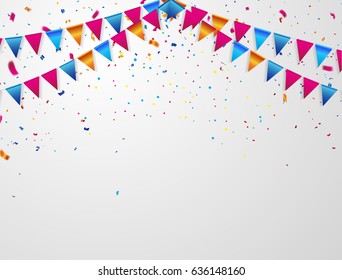 Confetti and flag ribbons, Celebration background template with.