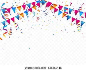 Confetti and flag ribbons, Celebration background template with.