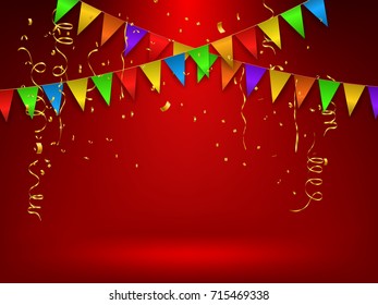 Confetti and flag ribbons, red celebration background template